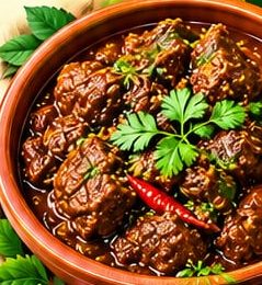 Clay bowl of beef kala bhuna with coriander and red chilli
