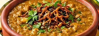 Bowl of beef haleem topped with fried onions