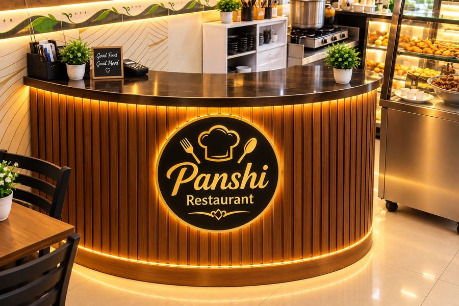 Curved wooden Panshi counter with the gold Panshi Restaurant logo lit from behind